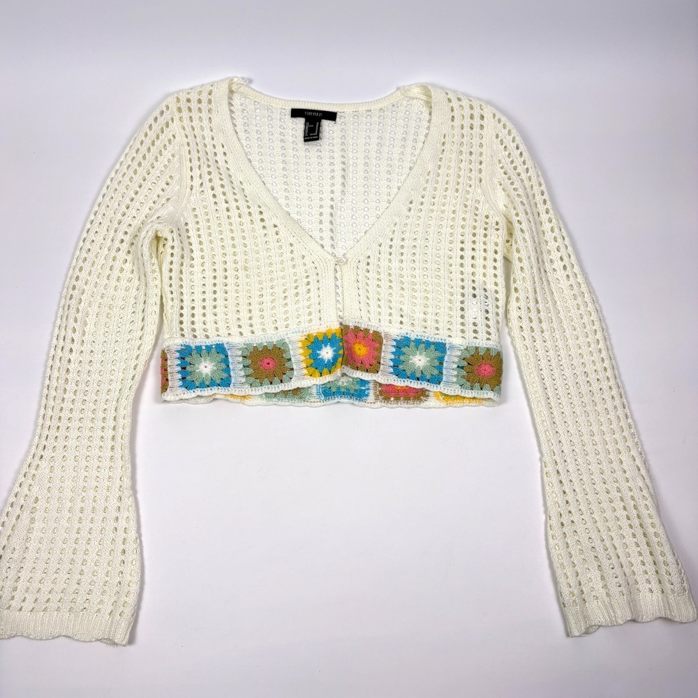 Forever 21 Crochet Cardigan Womens M White Granny Squares Bell Sleeves One Btn